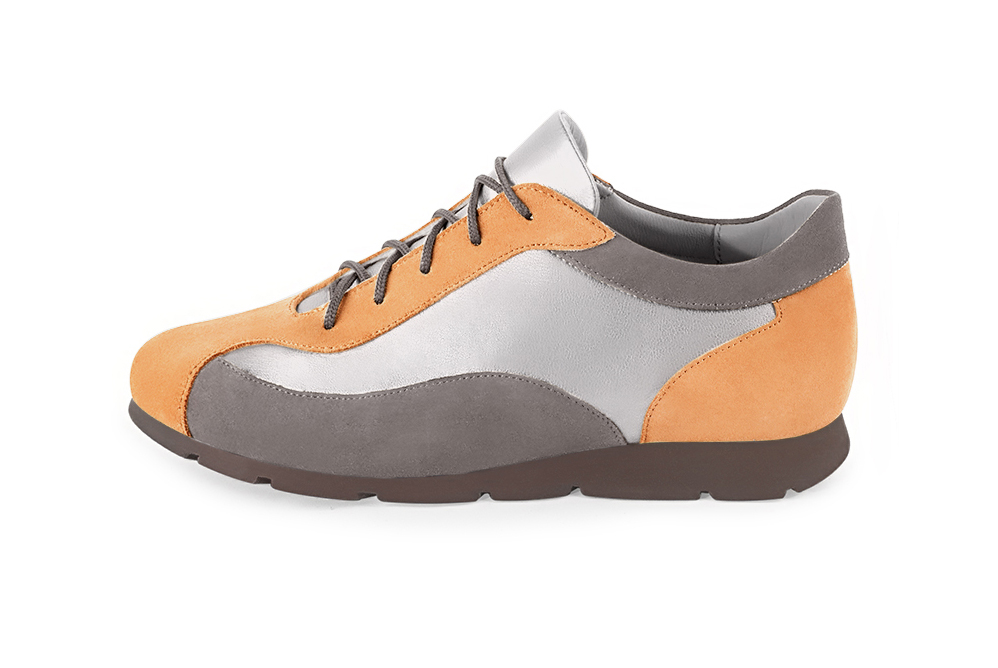 Marigold orange, light silver and pebble grey women's three-tone elegant sneakers. Round toe. Flat rubber soles. Profile view - Florence KOOIJMAN